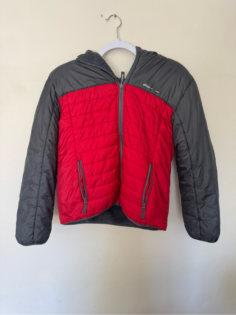 Eddie Bauer Kids Red and Gray Quilted Hooded Puffer Jacket